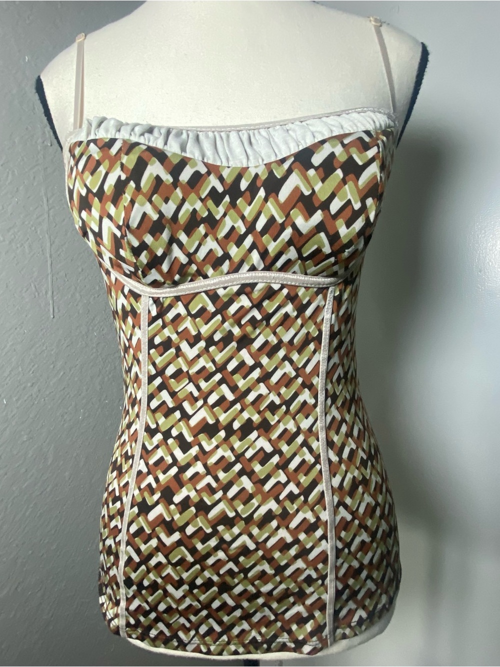 Y2K Green Brown & Grey Geometric Print Ruched Padded Bust Tank Top Size Medium